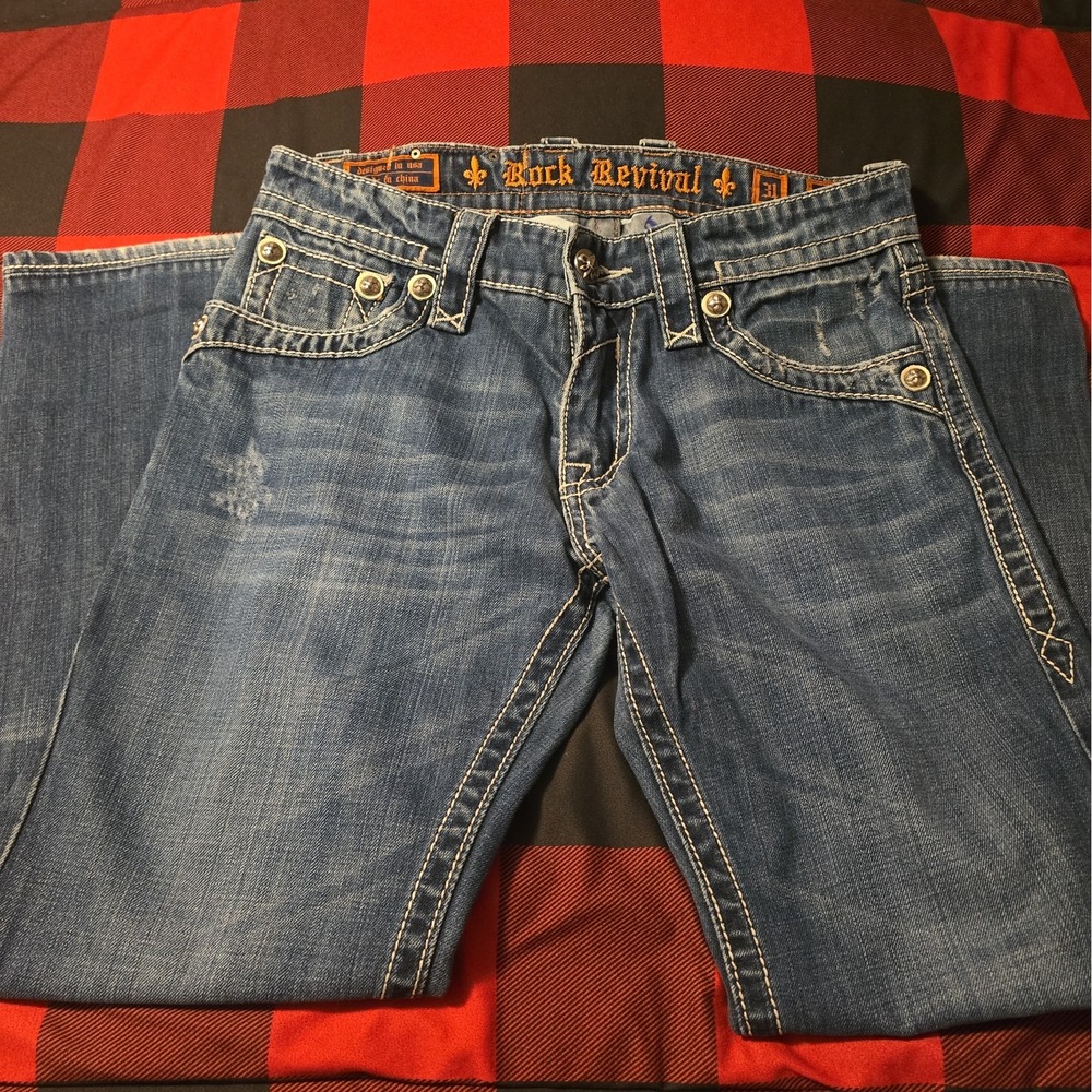 Rock Revival Men's Faded Blue Distressed Denim John Straight Jeans Sz 31 X 30